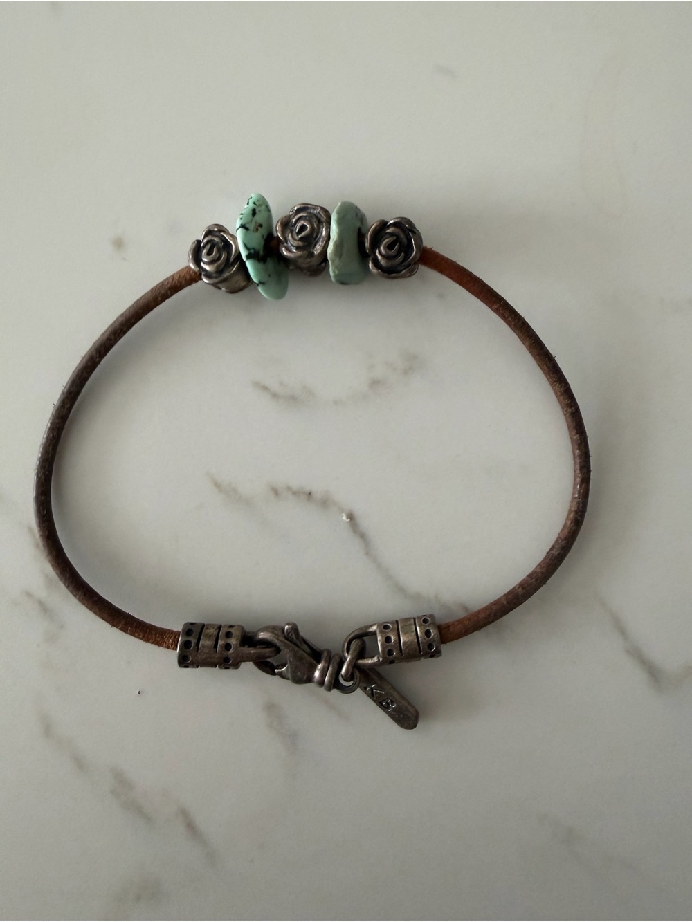 Kingbaby Turquoise Bead and Silver Rose Leather Bracelet